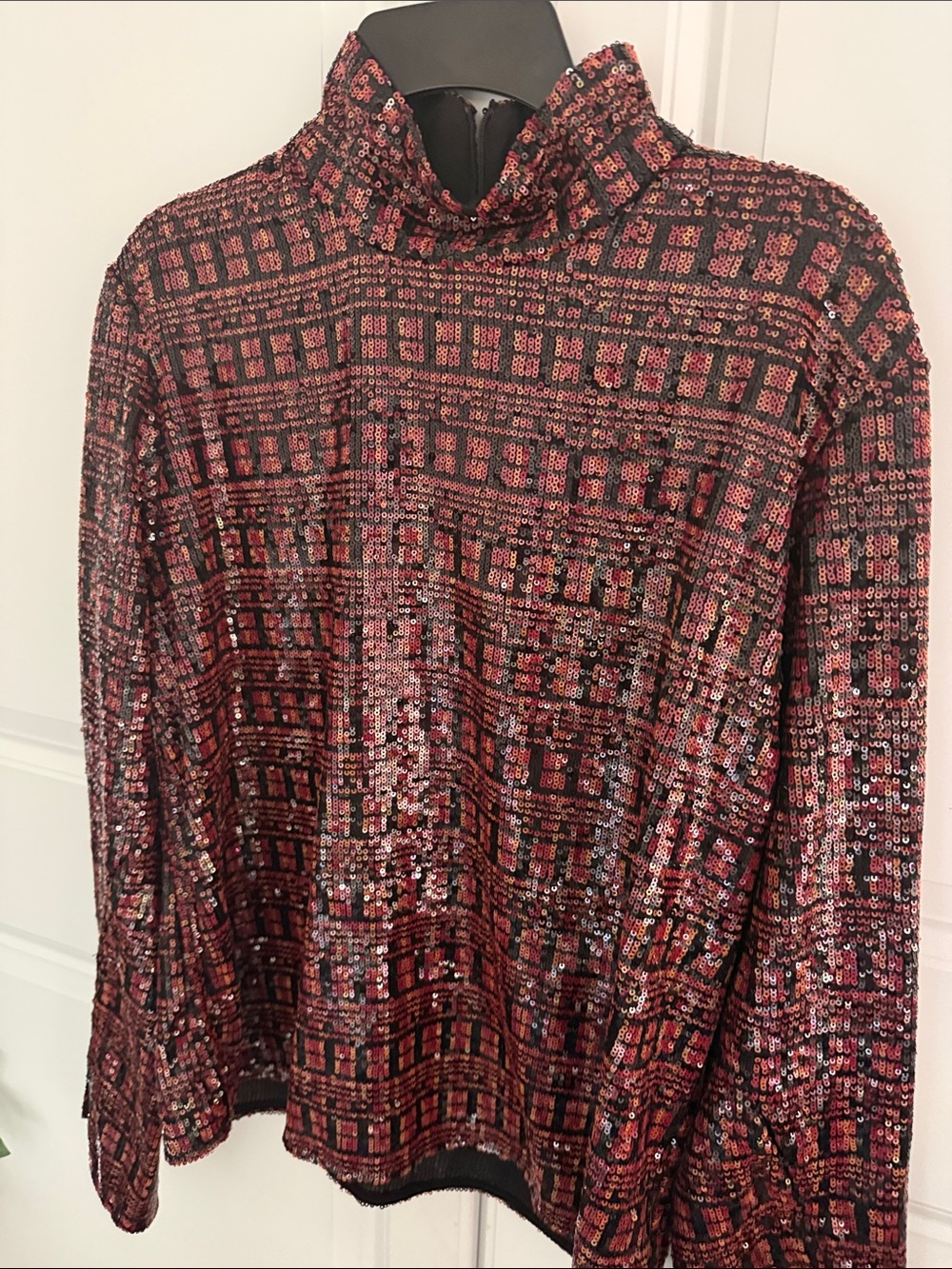 Zara Red Sequin Grid-Pattern Long Sleeve Shirt